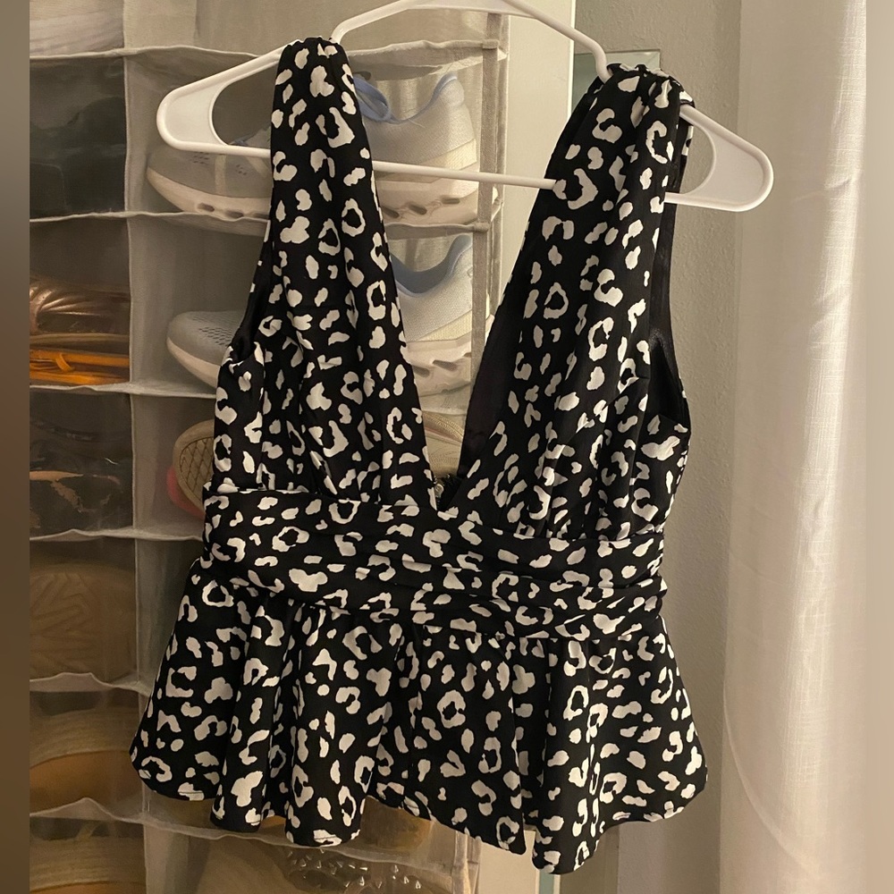 Black and White Leopard Print Peplum Tank
